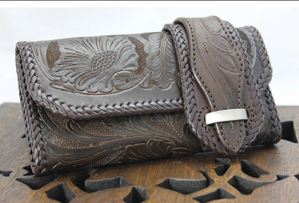 Handmade coffee leather floral grass punk carved biker wallet Long wallet clutch for men
