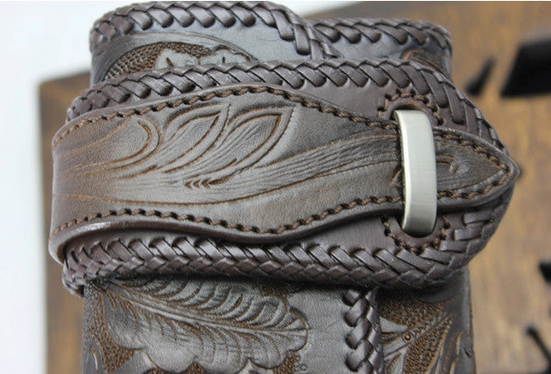 Handmade coffee leather floral grass punk carved biker wallet Long wallet clutch for men