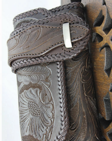 Handmade coffee leather floral grass punk carved biker wallet Long wallet clutch for men