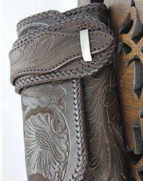 Handmade coffee leather floral grass punk carved biker wallet Long wallet clutch for men