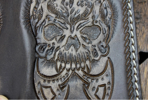 Handmade coffee leather punk Halley skull carved biker wallet Long wallet clutch for men