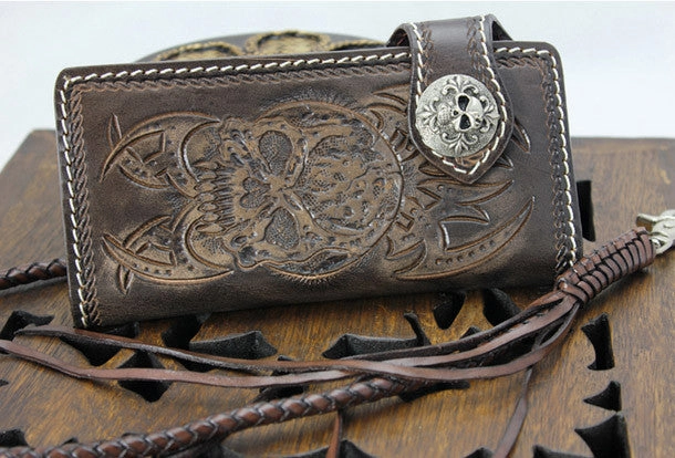 Handmade coffee leather punk Halley skull carved biker wallet Long wallet clutch for men
