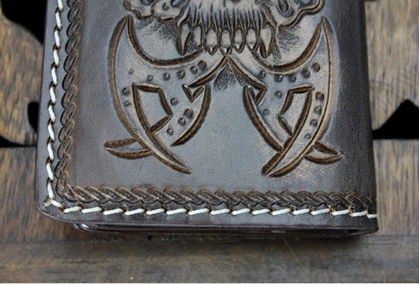 Handmade coffee leather punk Halley skull carved biker wallet Long wallet clutch for men