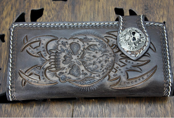 Handmade coffee leather punk Halley skull carved biker wallet Long wallet clutch for men