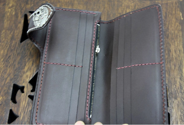 Handmade coffee leather punk Halley skull carved biker wallet Long wallet clutch for men