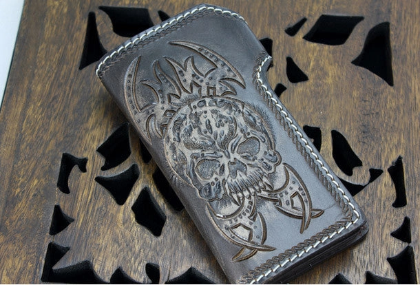 Handmade coffee leather punk Halley skull carved biker wallet Long wallet clutch for men