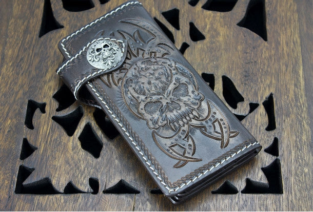 Handmade coffee leather punk Halley skull carved biker wallet Long wallet clutch for men