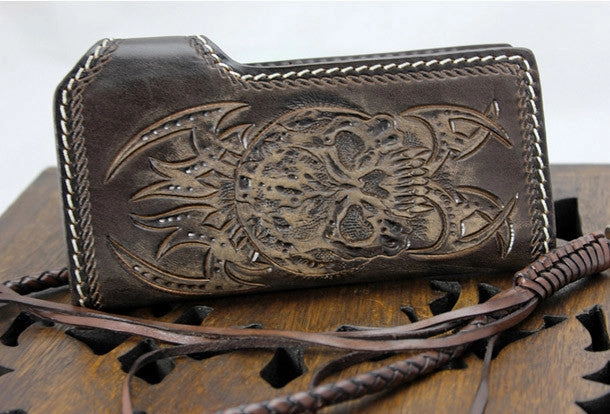 Handmade coffee leather punk Halley skull carved biker wallet Long wallet clutch for men