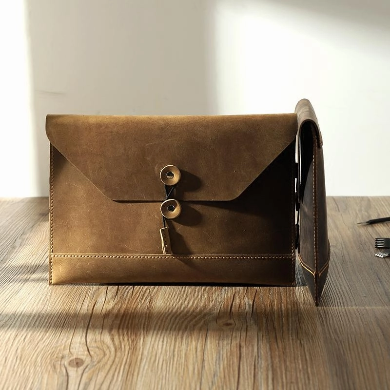 Handmade Coffee Mens Clutch A4 Envelope File Bag Personalized Coffee Leather Folder Purse for Men