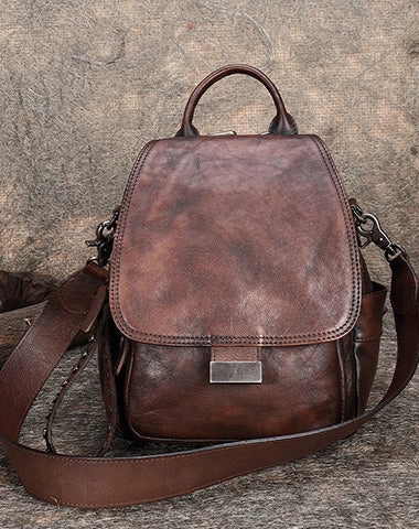 Handmade Convertible Leather Backpacks Womens Best Black Gray Leather Shoulder Purse School Rucksack