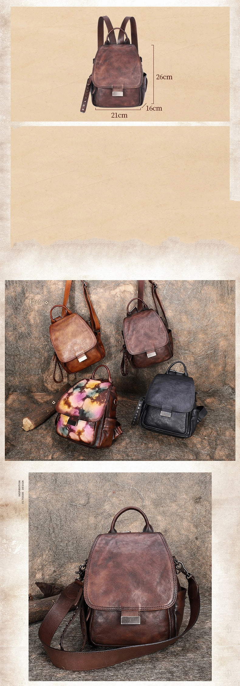 Handmade Convertible Leather Backpacks Womens Best Black Gray Leather Shoulder Purse School Rucksack