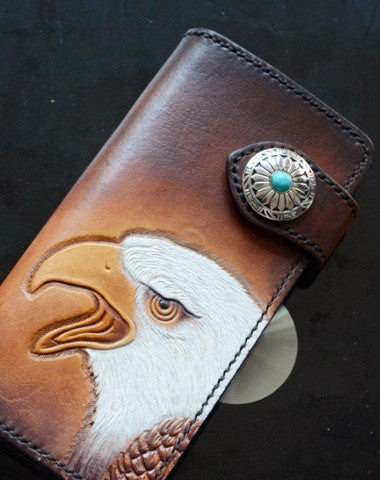 Handmade dark brown black eagle carved leather biker wallet bifold  phone long wallet purse clutch for men