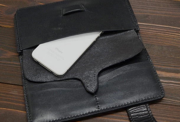 Handmade dark brown black eagle carved leather biker wallet bifold  phone long wallet purse clutch for men