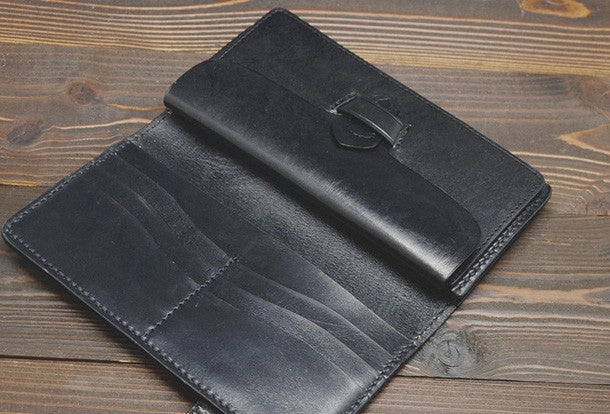 Handmade dark brown black eagle carved leather biker wallet bifold  phone long wallet purse clutch for men