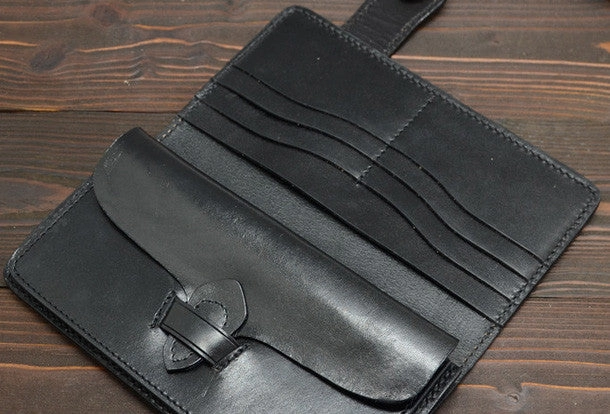 Handmade dark brown black eagle carved leather biker wallet bifold  phone long wallet purse clutch for men