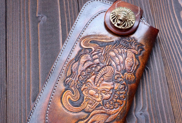 Handmade dark brown vintage leather biker wallet  bifold long wallet purse clutch for men