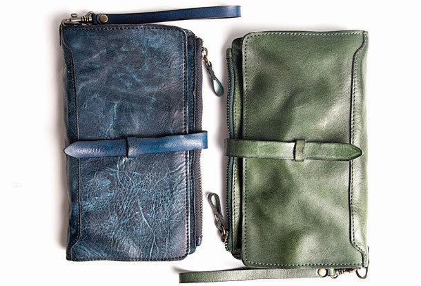 Handmade folded long wallet leather men phone zip clutch vintage wallet for men
