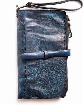 Handmade folded long wallet leather men phone zip clutch vintage wallet for men