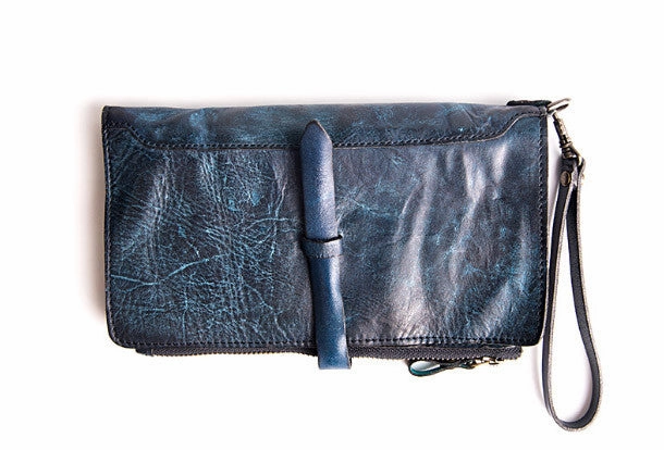 Handmade folded long wallet leather men phone zip clutch vintage wallet for men