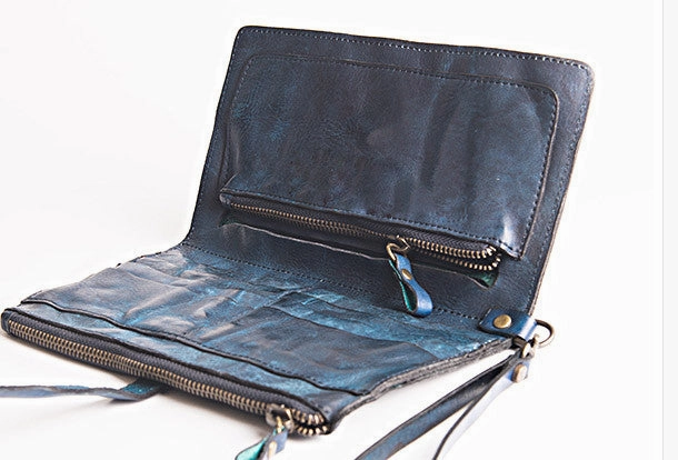 Handmade folded long wallet leather men phone zip clutch vintage wallet for men