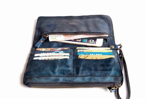 Handmade folded long wallet leather men phone zip clutch vintage wallet for men