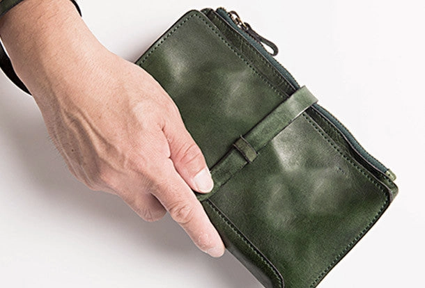 Handmade folded long wallet leather men phone zip clutch vintage wallet for men