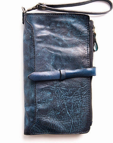 Handmade folded long wallet leather men phone zip clutch vintage wallet for men