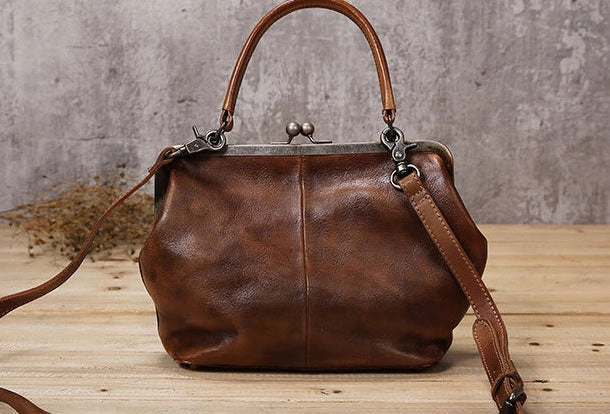 Handmade Genuine Bag Vintage Frame Leather Handbag Shoulder Bag Crossbody Bag Women Leather Purse