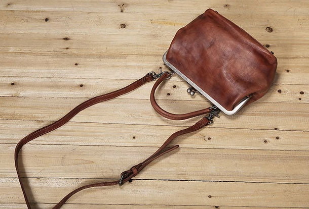 Handmade Genuine Bag Vintage Frame Leather Handbag Shoulder Bag Crossbody Bag Women Leather Purse