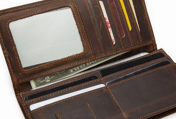 Handmade Genuine Leather Long Wallet Bifold Wallet Purse Clutch Bag For Mens