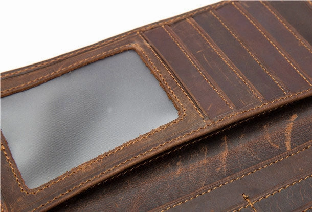 Handmade Genuine Leather Long Wallet Bifold Wallet Purse Clutch Bag For Mens