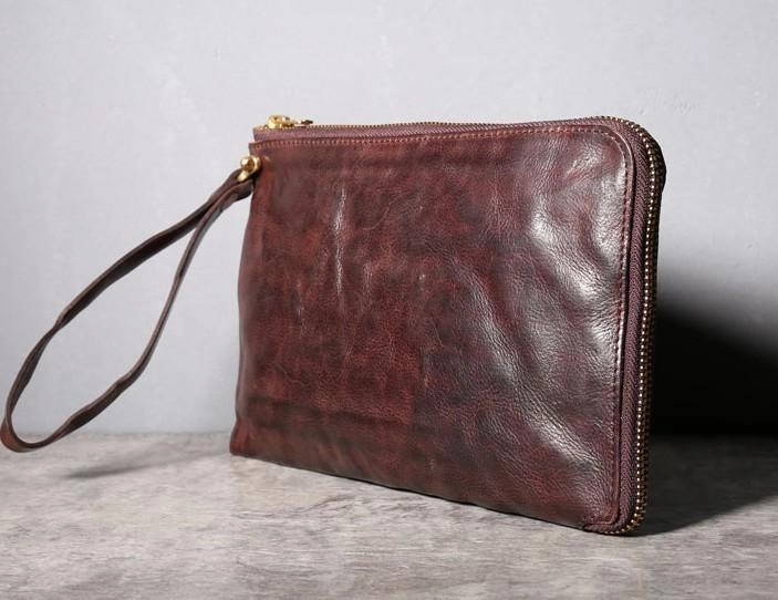 Handmade Genuine Leather Mens Clutch Cool Slim Wallet Zipper Clutch Wristlet Wallet for Men