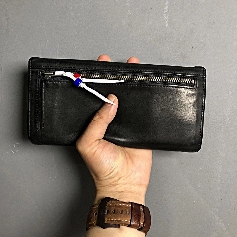 Handmade Genuine Leather Mens Clutch Cool Slim Wallet Zipper Clutch Wristlet Wallet for Men