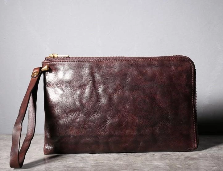 Handmade Genuine Leather Mens Clutch Cool Slim Wallet Zipper Clutch Wristlet Wallet for Men