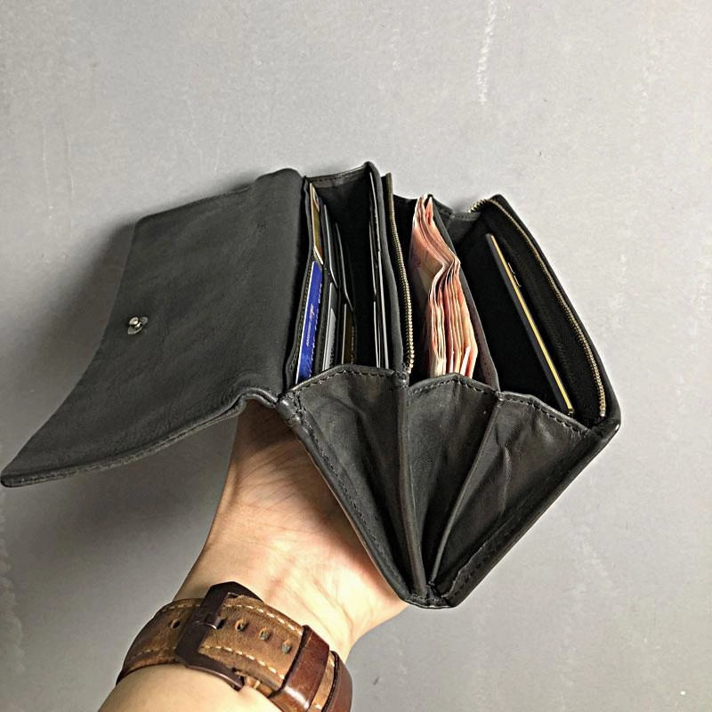 Handmade Genuine Leather Mens Clutch Cool Slim Wallet Zipper Clutch Wristlet Wallet for Men