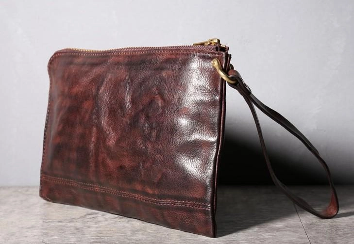 Handmade Genuine Leather Mens Clutch Cool Slim Wallet Zipper Clutch Wristlet Wallet for Men