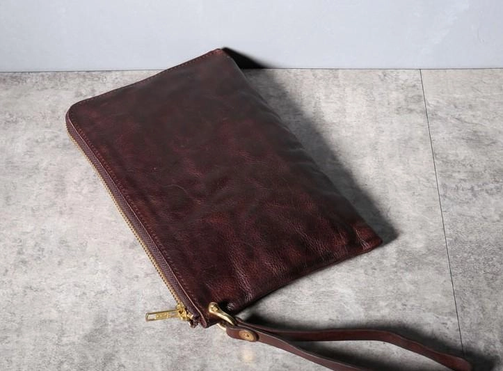 Handmade Genuine Leather Mens Clutch Cool Slim Wallet Zipper Clutch Wristlet Wallet for Men
