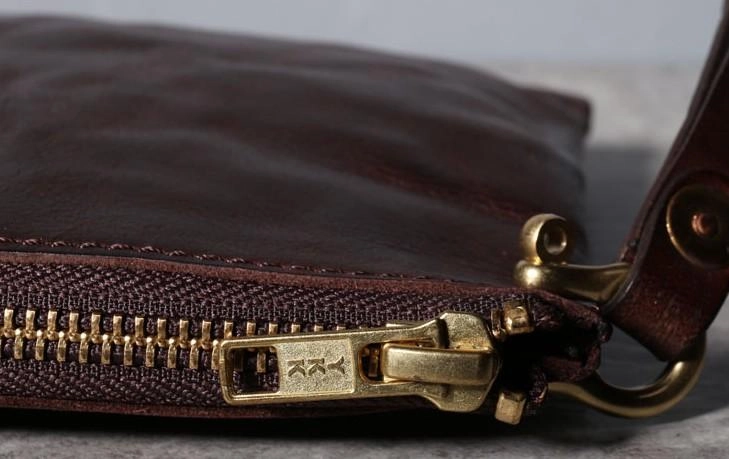 Handmade Genuine Leather Mens Clutch Cool Slim Wallet Zipper Clutch Wristlet Wallet for Men