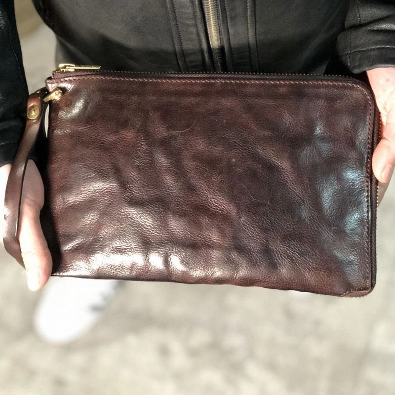 Handmade Genuine Leather Mens Clutch Cool Slim Wallet Zipper Clutch Wristlet Wallet for Men