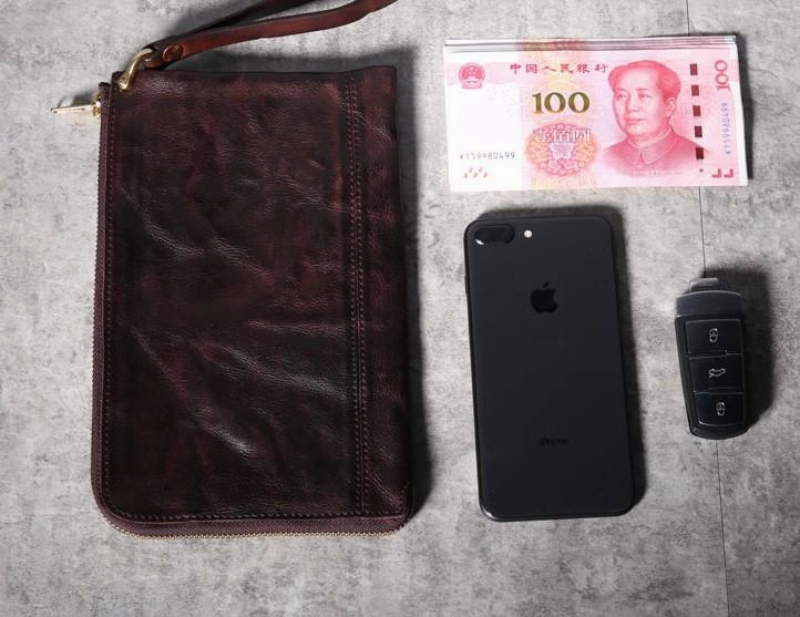 Handmade Genuine Leather Mens Clutch Cool Slim Wallet Zipper Clutch Wristlet Wallet for Men