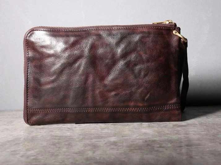 Handmade Genuine Leather Mens Clutch Cool Slim Wallet Zipper Clutch Wristlet Wallet for Men