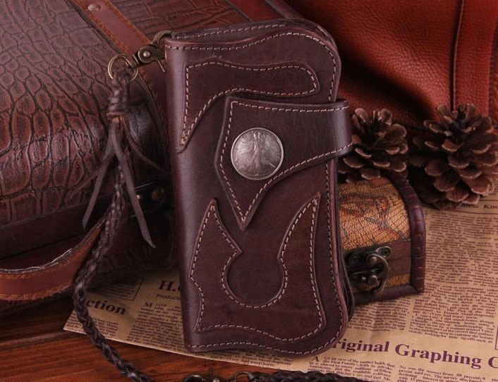 Handmade Genuine Leather Mens Cool Biker Chain Wallet Long Leather Wallet Clutch Wristlet Wallet for Men