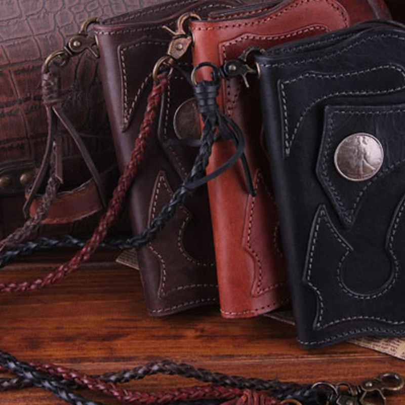 Handmade Genuine Leather Mens Cool Biker Chain Wallet Long Leather Wallet Clutch Wristlet Wallet for Men