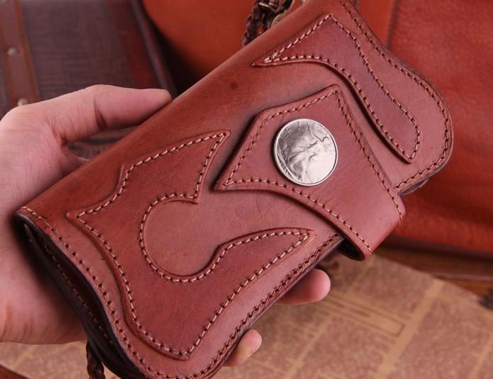 Handmade Genuine Leather Mens Cool Biker Chain Wallet Long Leather Wallet Clutch Wristlet Wallet for Men