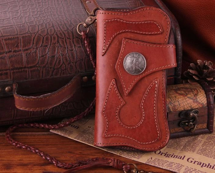 Handmade Genuine Leather Mens Cool Biker Chain Wallet Long Leather Wallet Clutch Wristlet Wallet for Men