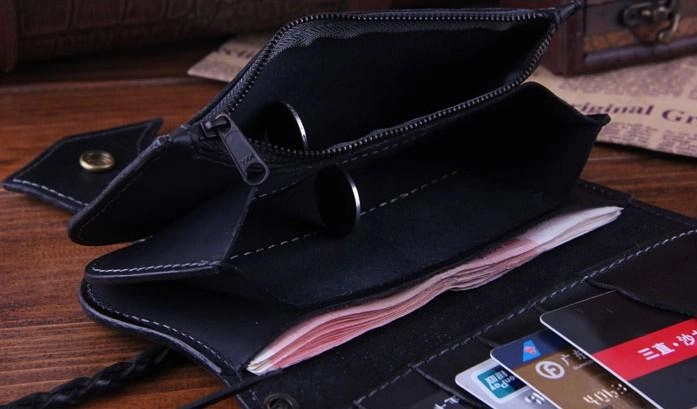 Handmade Genuine Leather Mens Cool Biker Chain Wallet Long Leather Wallet Clutch Wristlet Wallet for Men