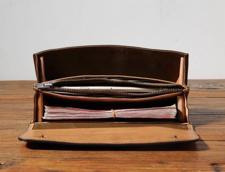 Handmade Genuine Leather Mens Cool Long Leather Wallet Phone Wallet Clutch Wallet for Men