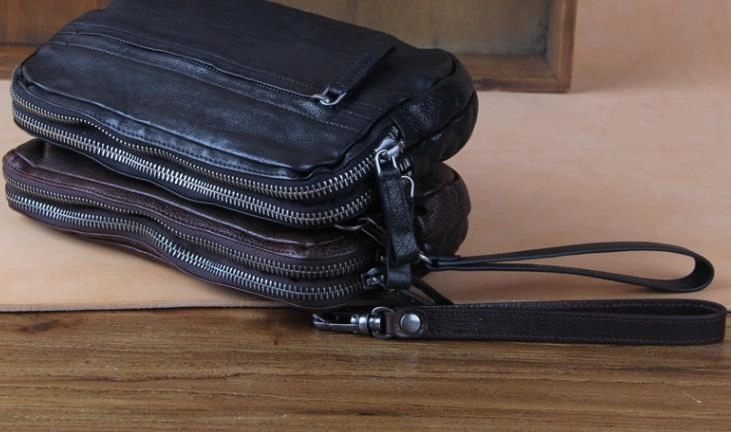 Handmade Genuine Leather Mens Cool Long Leather Wallet Zipper Clutch Wristlet Wallet for Men