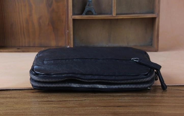 Handmade Genuine Leather Mens Cool Long Leather Wallet Zipper Clutch Wristlet Wallet for Men