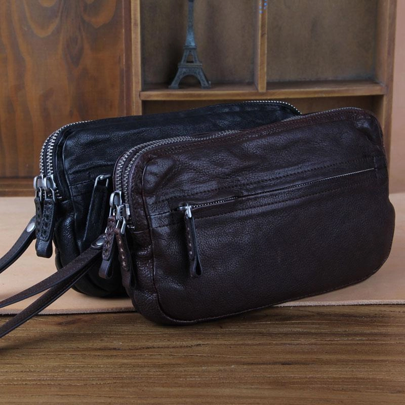 Handmade Genuine Leather Mens Cool Long Leather Wallet Zipper Clutch Wristlet Wallet for Men